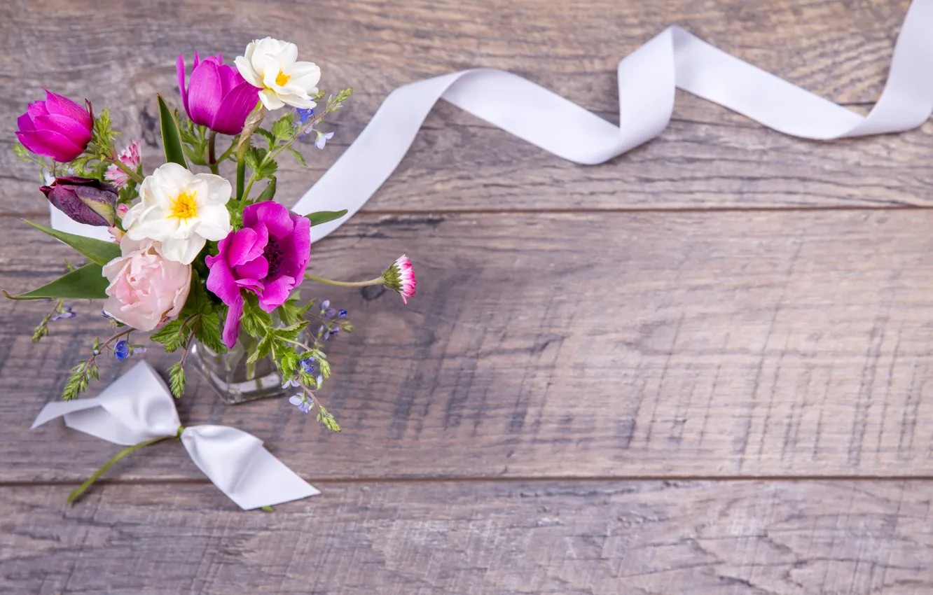 Photo wallpaper flowers, bouquet, spring, colorful, tape, buds, wood, pink