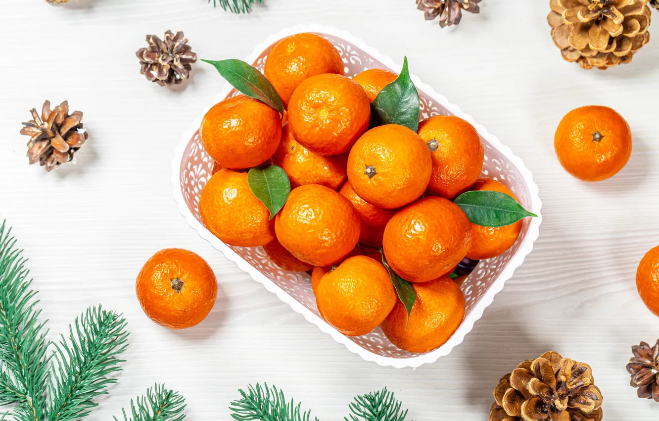 Photo wallpaper branches, New year, needles, tangerines