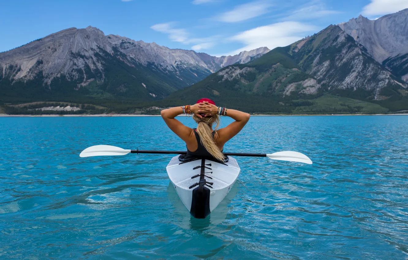 Photo wallpaper water, girl, mountains, kayak