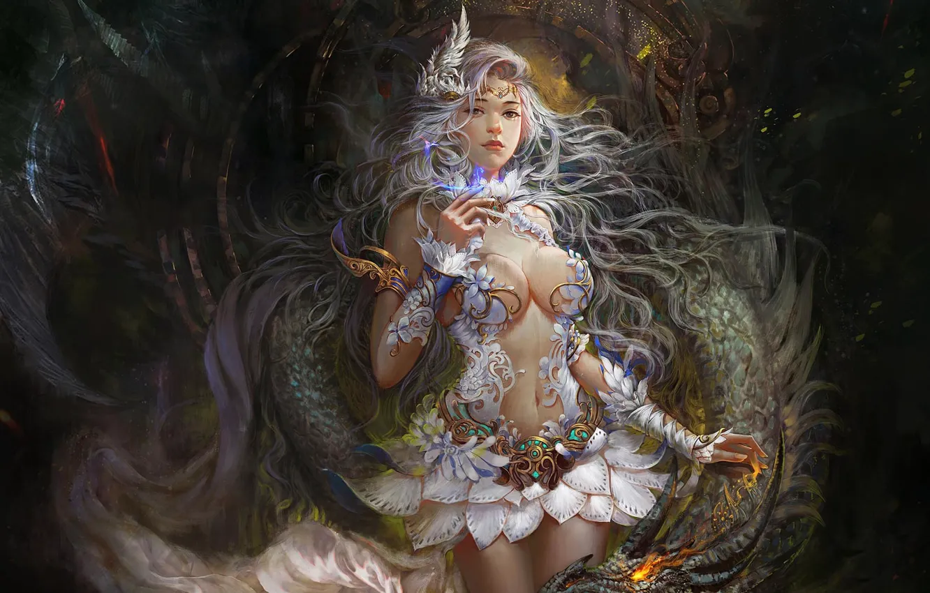 Photo wallpaper Girl, Figure, Dragon, Art, Art, Fiction, Illustration, Yajun Li