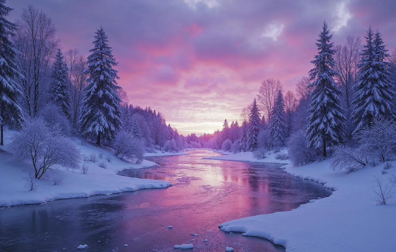 Photo wallpaper winter, forest, snow, river, tree, forest, nature, winter