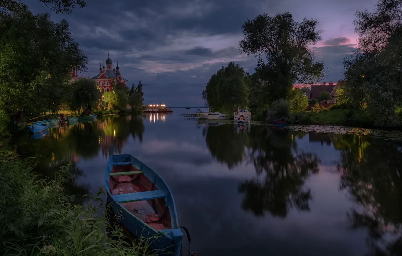 Photo wallpaper landscape, night, nature, reflection, river, boats, temple, Bank