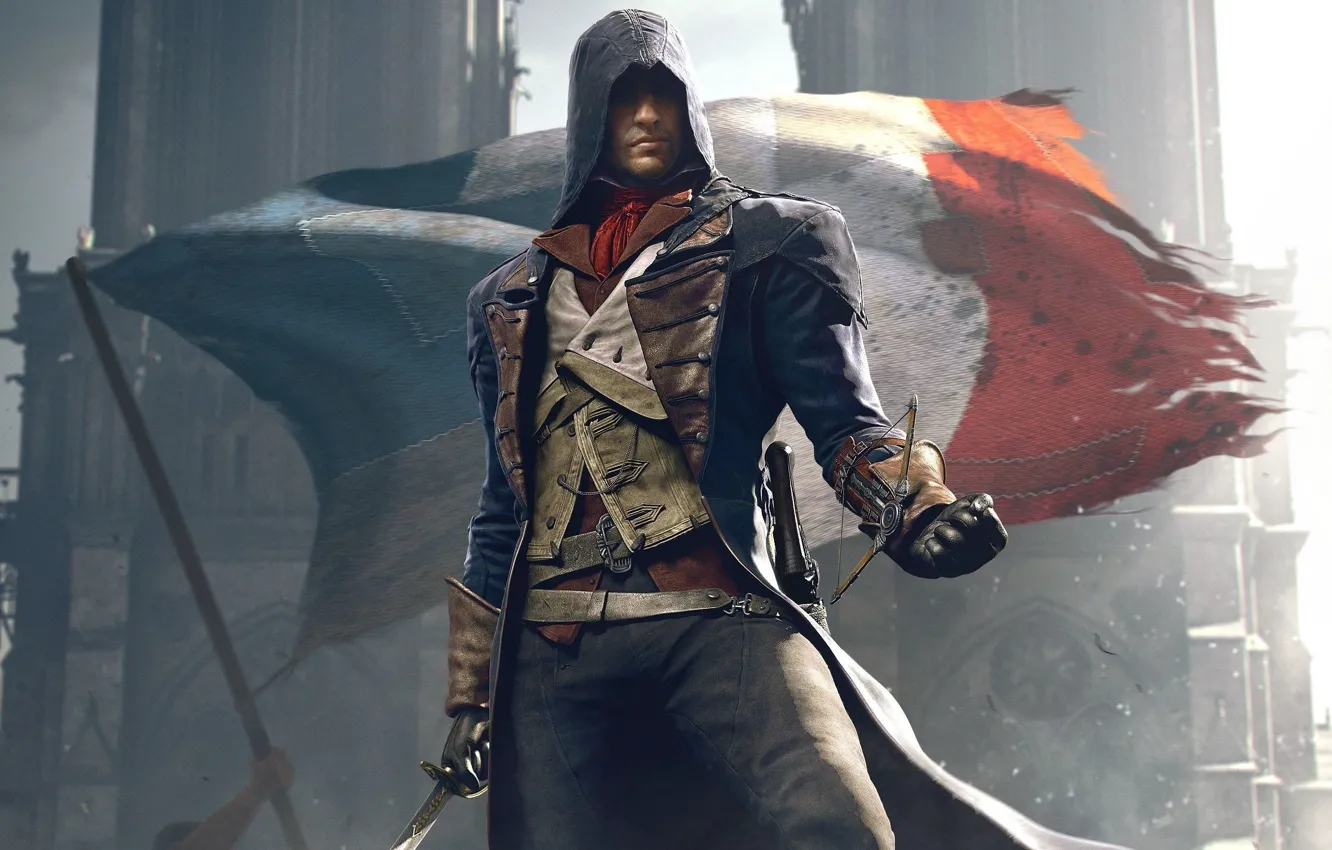 Photo wallpaper Look, Cathedral, Light, Flag, Weapons, Hood, Ubisoft, Assassin's Creed