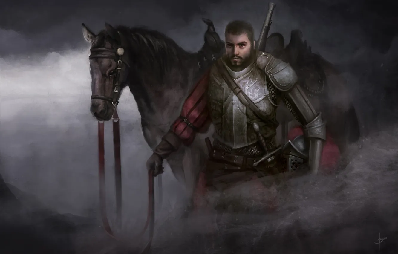 Photo wallpaper fog, horse, sword, art, male, armor, Bram Sels