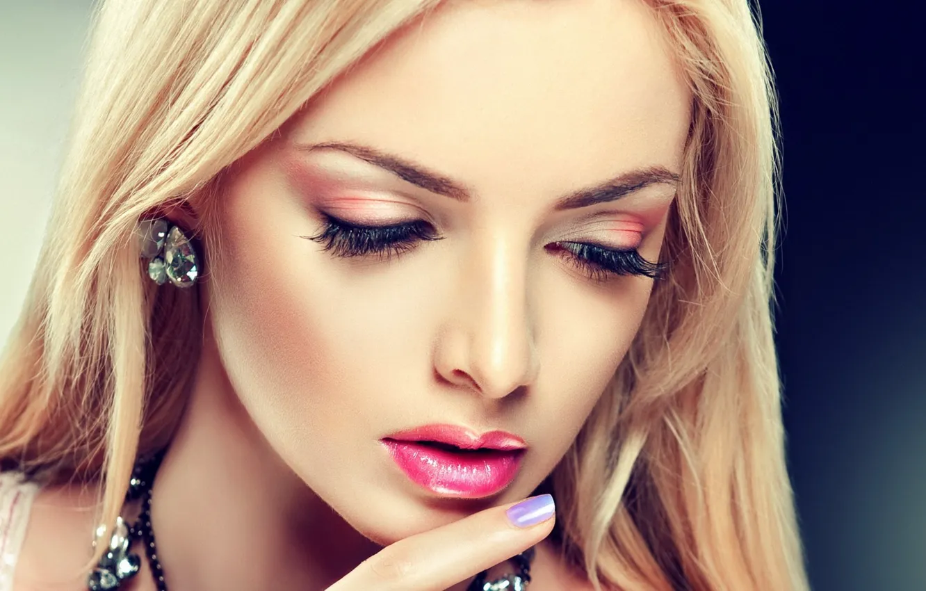 Photo wallpaper face, earrings, necklace, makeup, lipstick, blonde, lips
