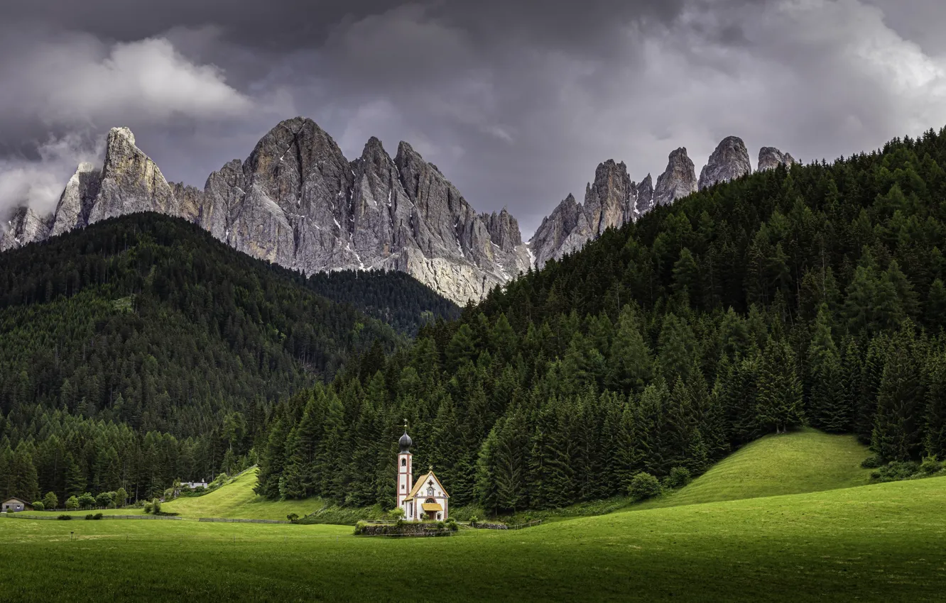 Photo wallpaper Mountain Landscape, Church of Funes, Holidays Italy