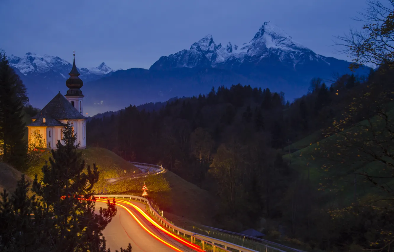 Photo wallpaper road, forest, landscape, mountains, night, nature, Germany, Bayern
