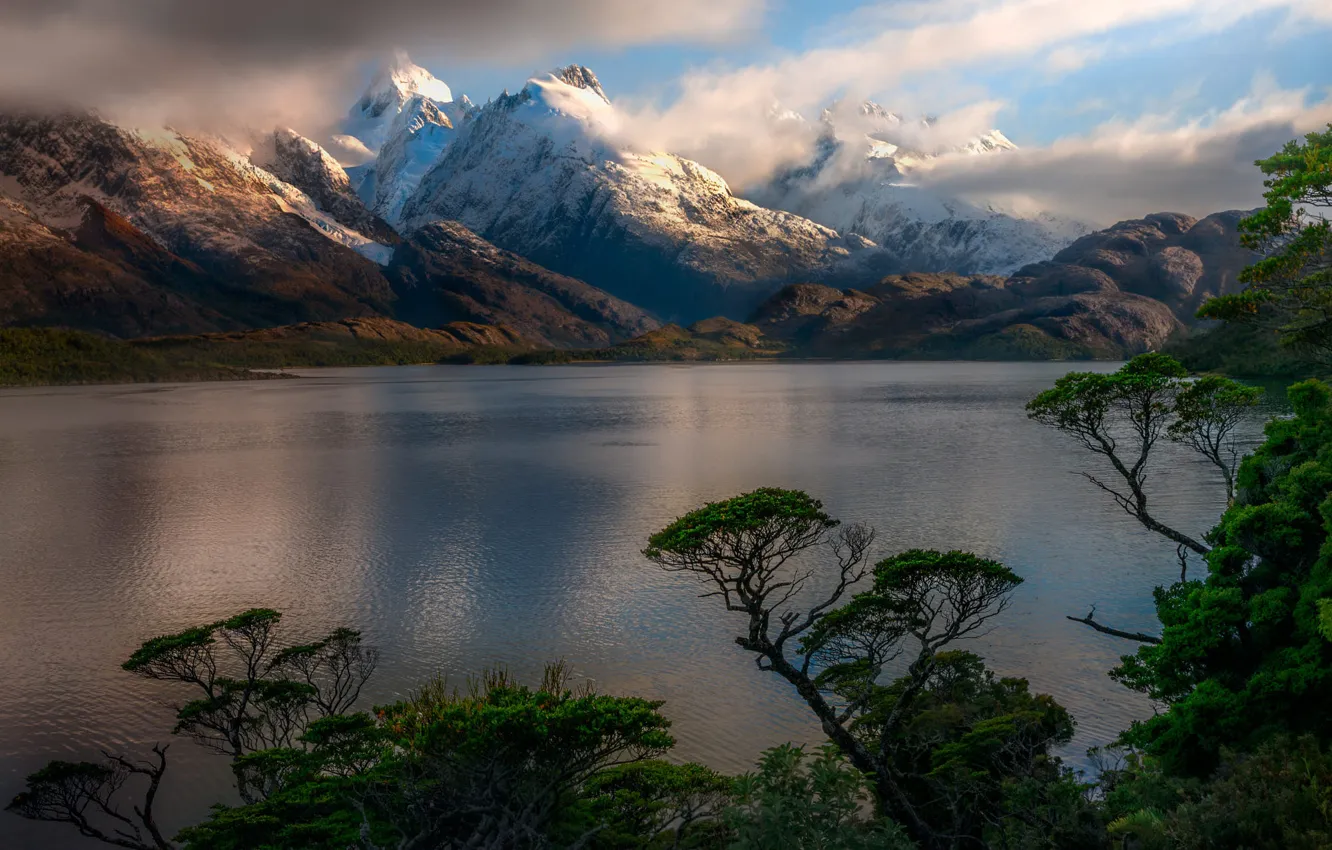 Photo wallpaper snow, trees, mountains, shore, tops, slope, haze, pond