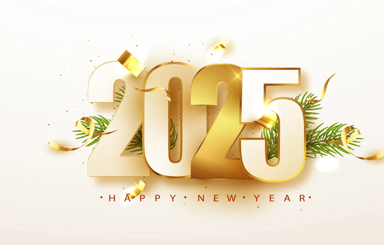 Photo wallpaper gold, holiday, new year, figures, Happy New Year, spruce branches, Happy New Year 2025