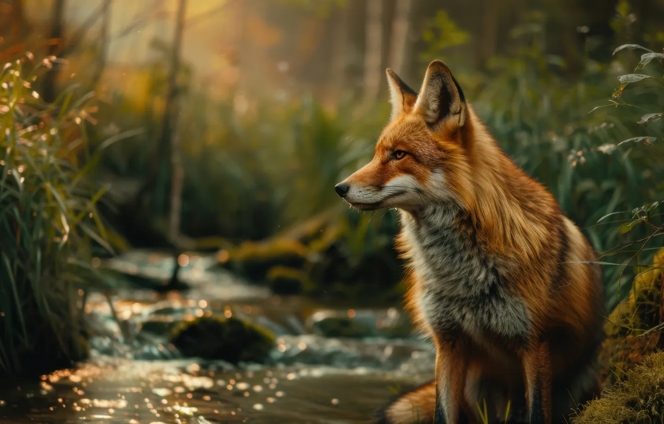 Photo wallpaper autumn, forest, look, stream, stones, thickets, shore, Fox