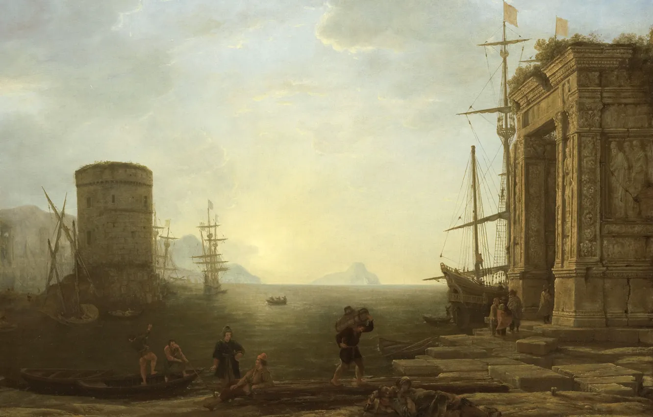 Photo wallpaper landscape, picture, Claude Lorrain, Harbour view at Sunrise
