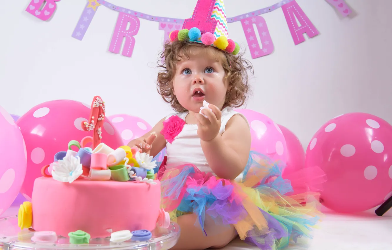Photo wallpaper balls, balloons, birthday, holiday, girl, cake, baby