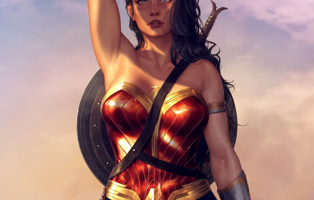 Photo wallpaper sword, fantasy, Wonder Woman, blue eyes, comics, brunette, digital art, artwork