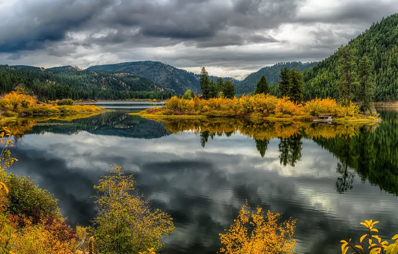 Photo wallpaper autumn, mountains, lake, reflection, Montana, Montana, Lake Alva, Lake Alva