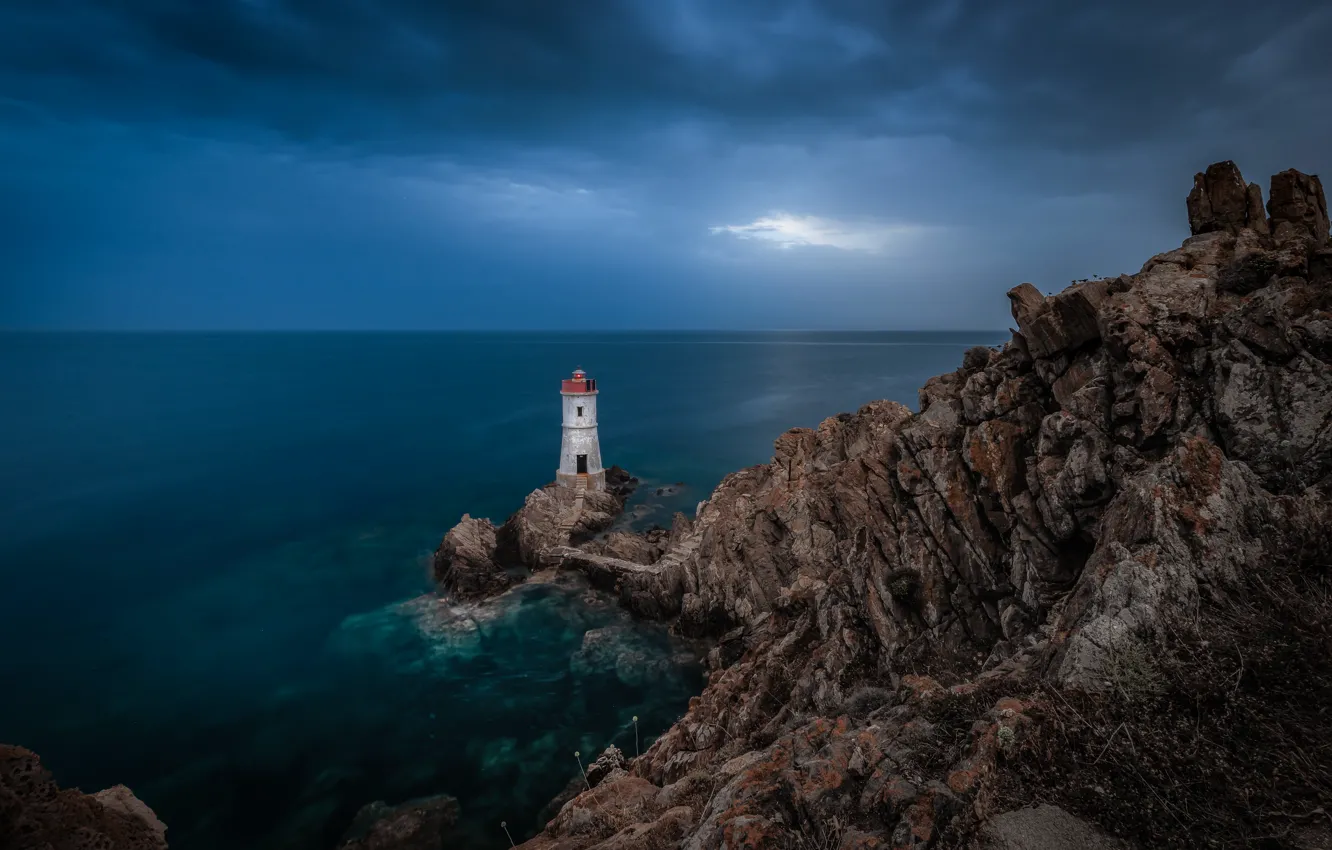 Photo wallpaper sea, the sky, clouds, rocks, shore, lighthouse