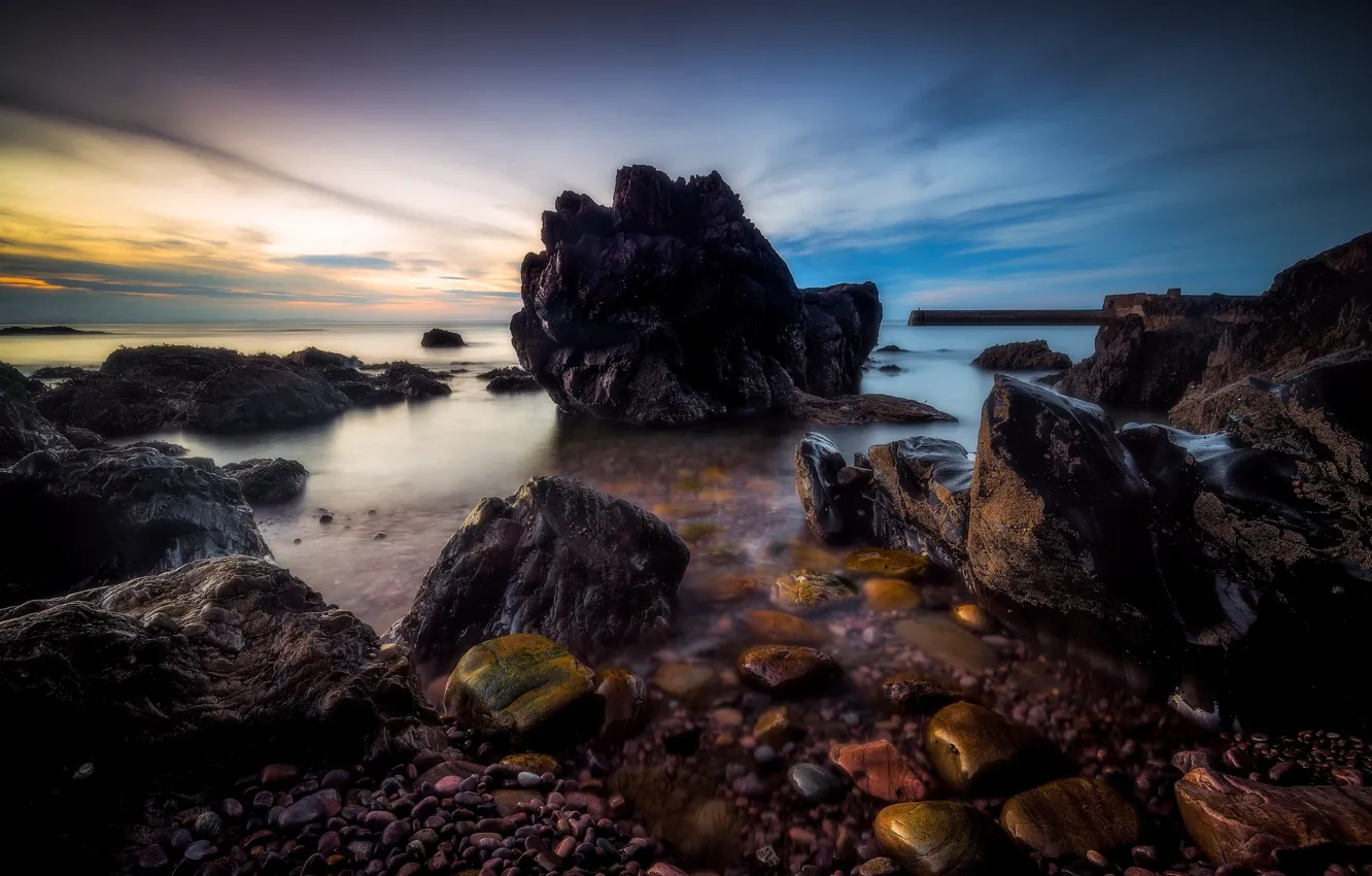 Photo wallpaper sea, sunset, stones, rocks, coast, Scotland, Scotland, Morayshire