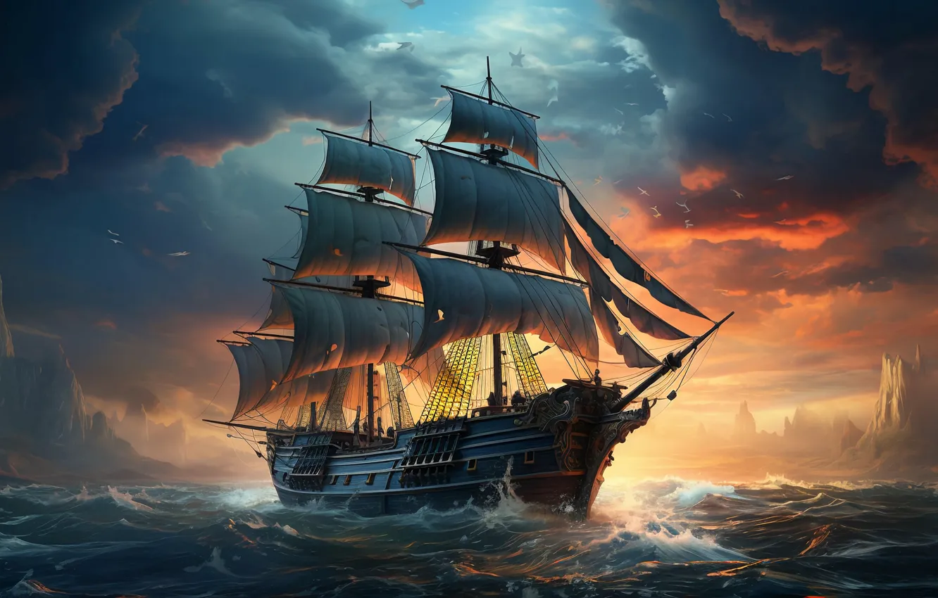 Photo wallpaper sea, the sky, water, clouds, ship, sailboat, sail, The ship