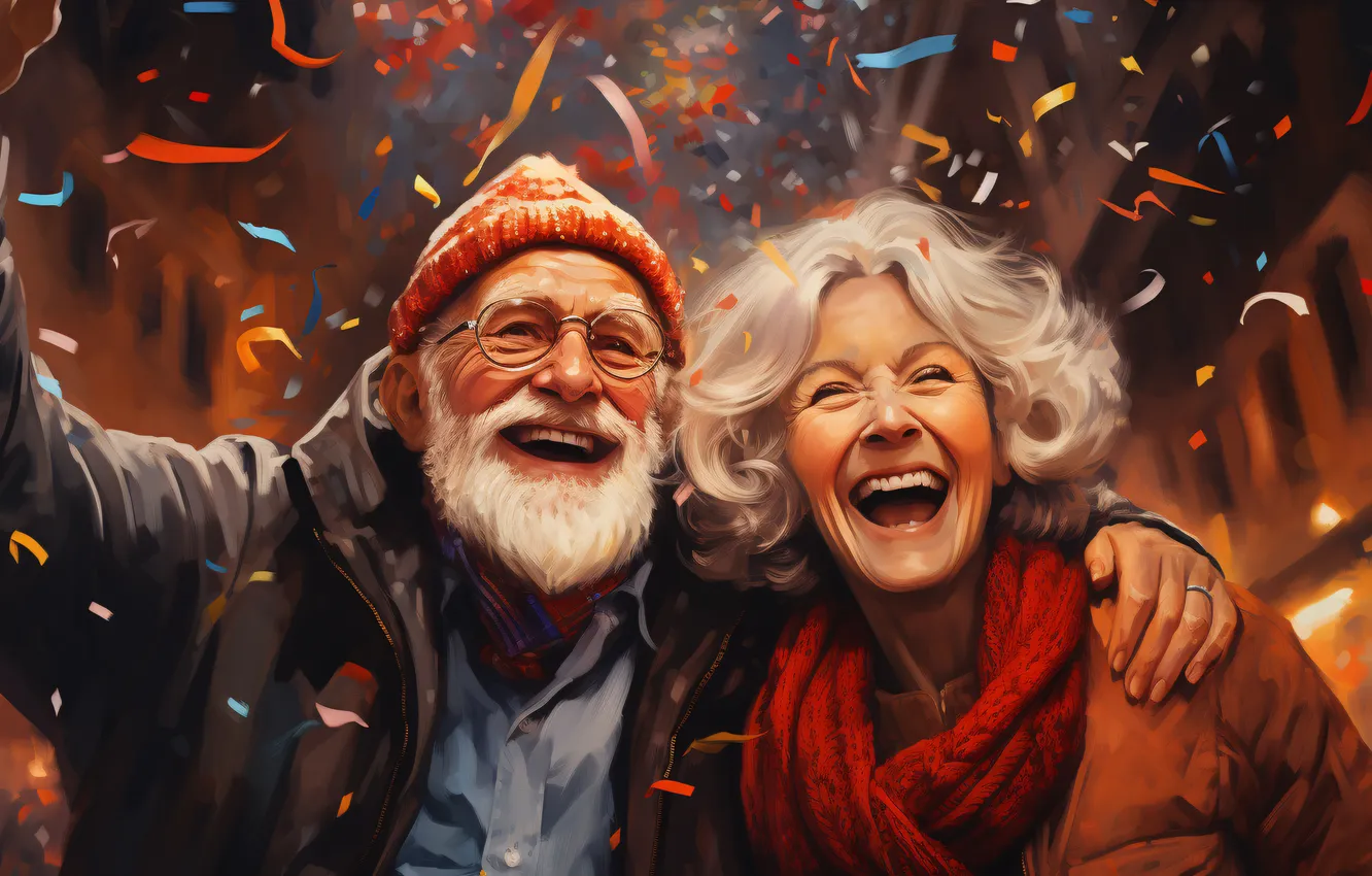 Photo wallpaper joy, smile, new year, grandma, glasses, Christmas, grandpa, two