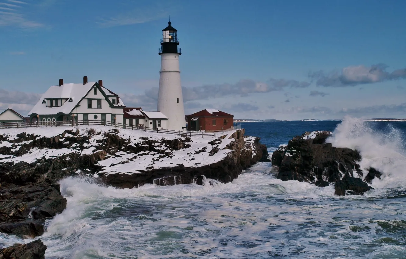 Photo wallpaper rocks, coast, lighthouse, surf, Bay, Cape Elizabeth, Portland Head Light