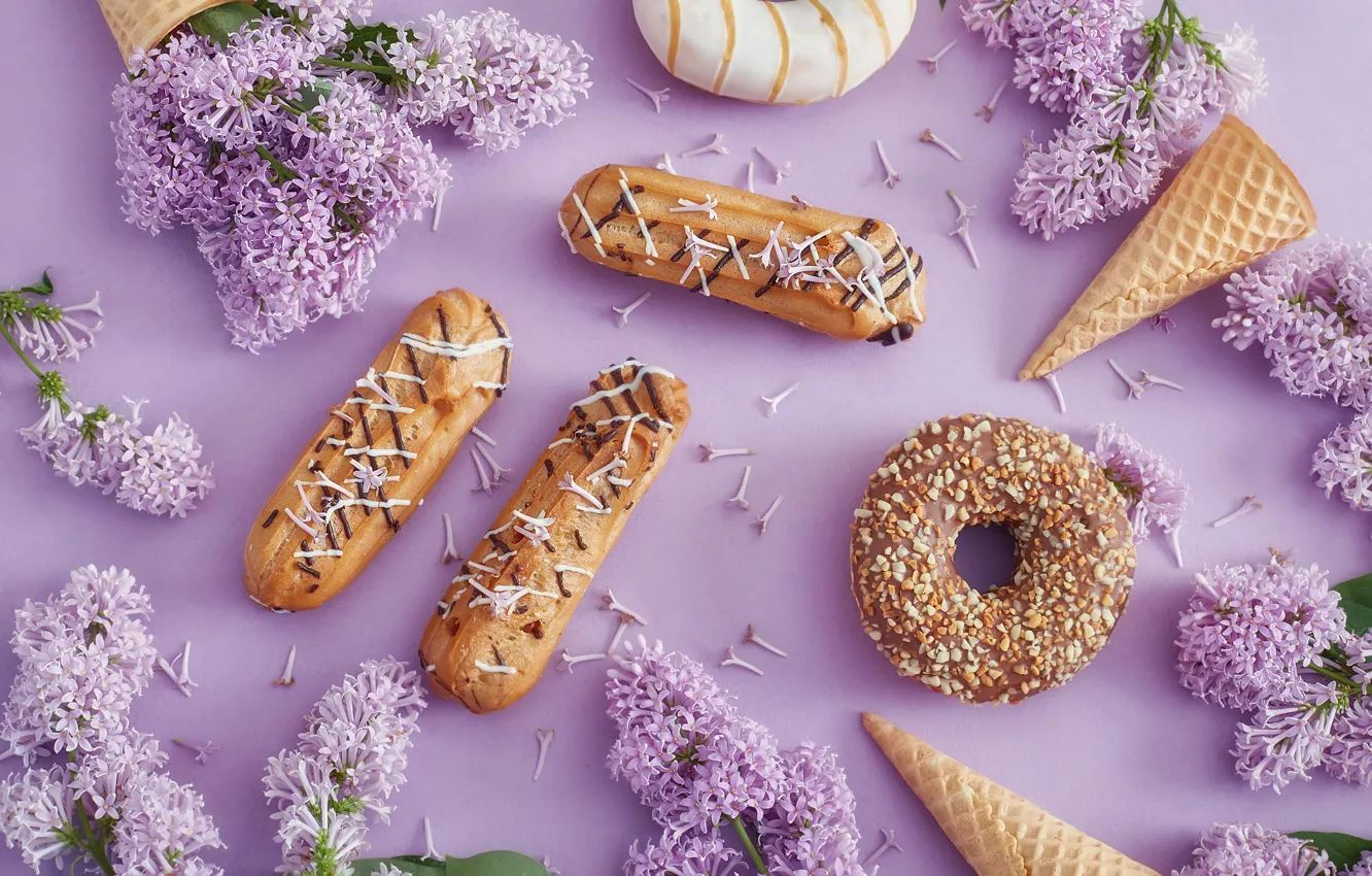 Photo wallpaper donuts, cake, dessert, lilac, eclairs