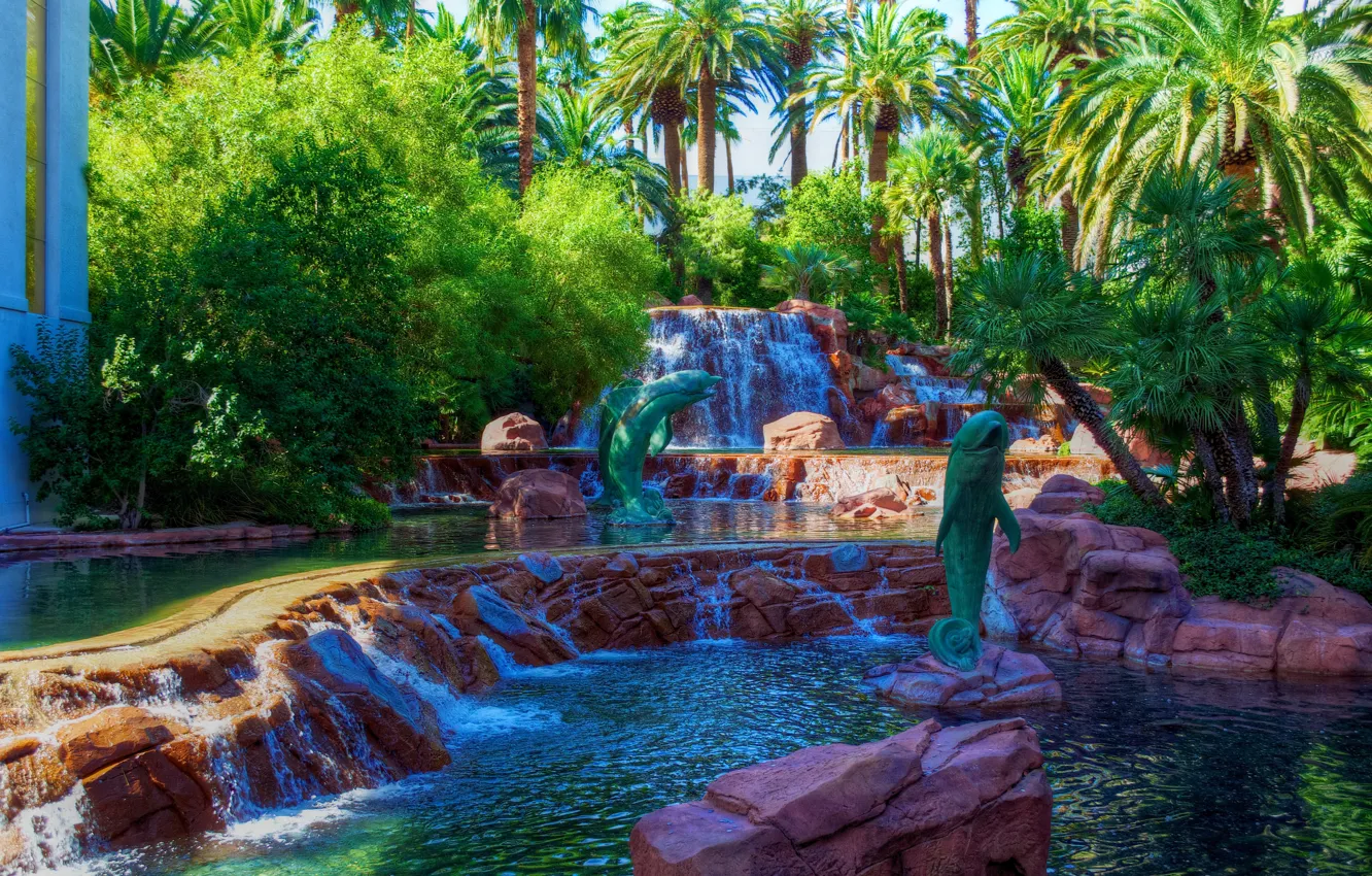 Photo wallpaper greens, design, Park, stones, palm trees, waterfall, Las Vegas, USA