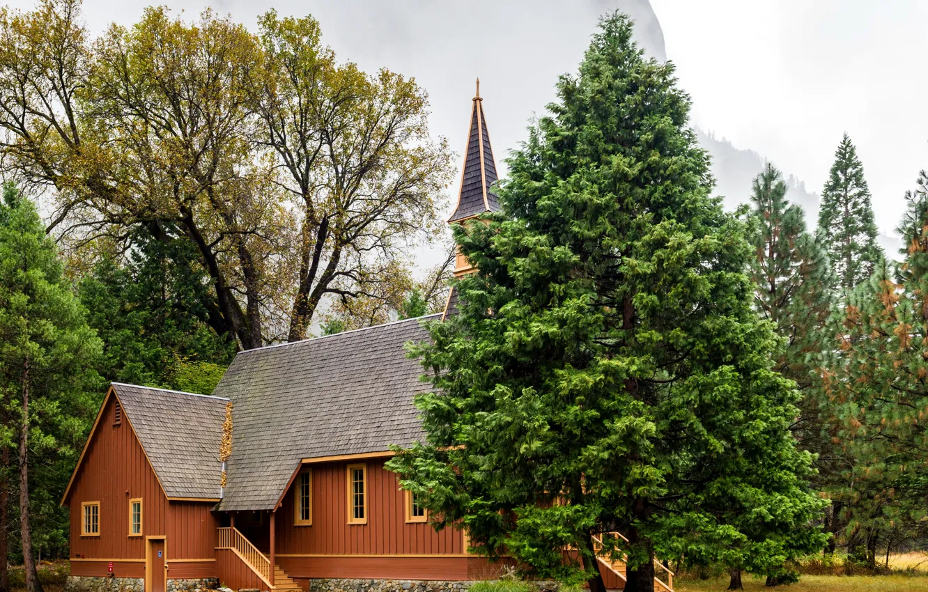 Photo wallpaper autumn, trees, fog, rocks, home, CA, USA, USA