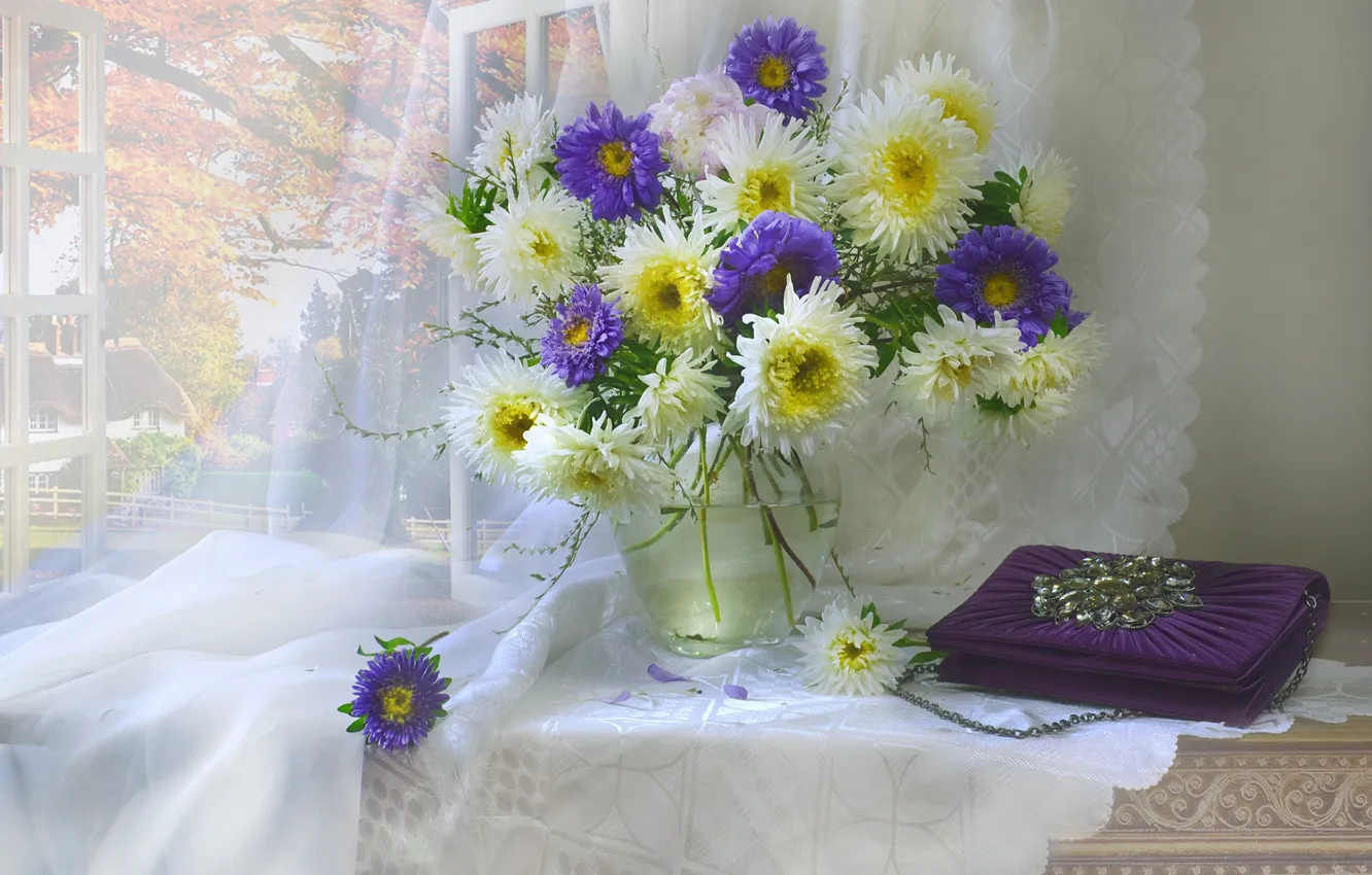Photo wallpaper autumn, flowers, table, bouquet, window, curtains, handbag, still life