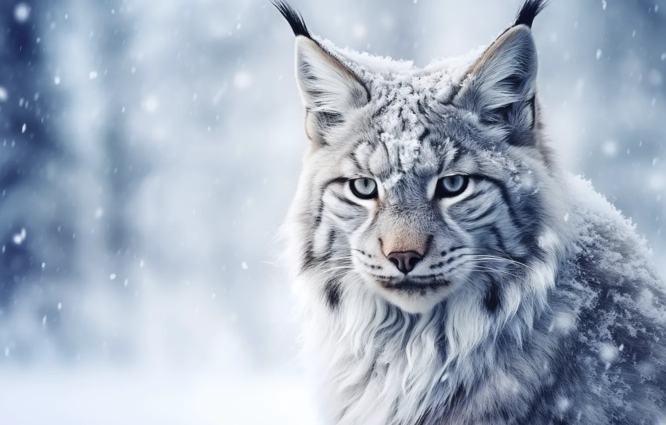 Photo wallpaper winter, look, snow, portrait, lynx, face, AI art, neural network