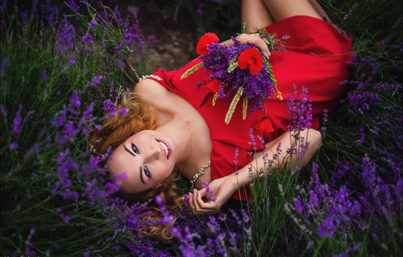 Photo wallpaper look, girl, flowers, pose, smile, mood, bouquet, lavender