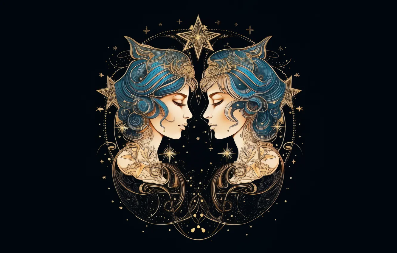 Photo wallpaper sign, symbol, black background, the signs of the zodiac, zodiac, Gemini, astrology, horoscope