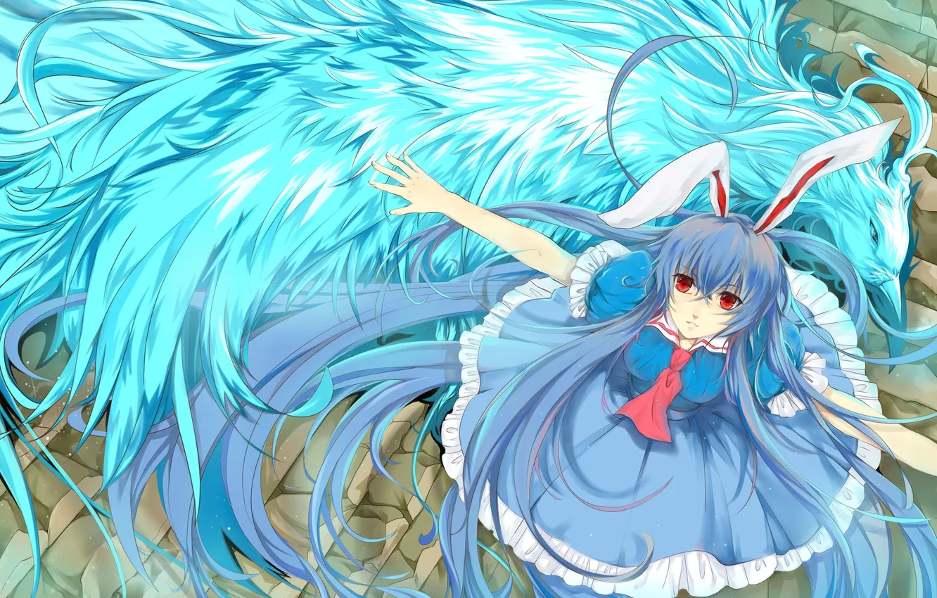 Photo wallpaper girl, bird, hair, protection, being, dress, art, touhou