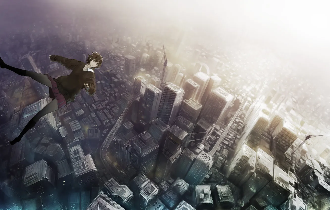 Photo wallpaper girl, the city, grey, anime, falls