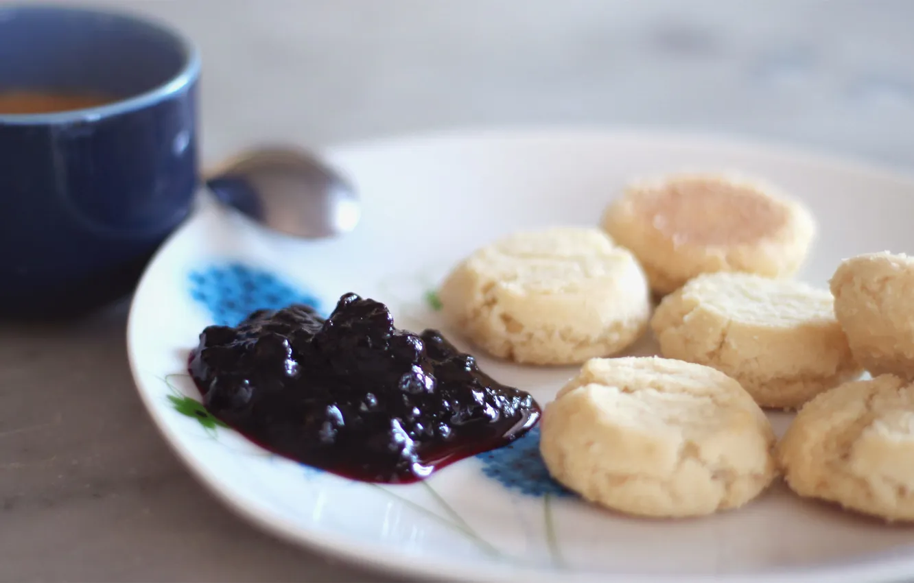 Photo wallpaper macro, cookies, plate, jam