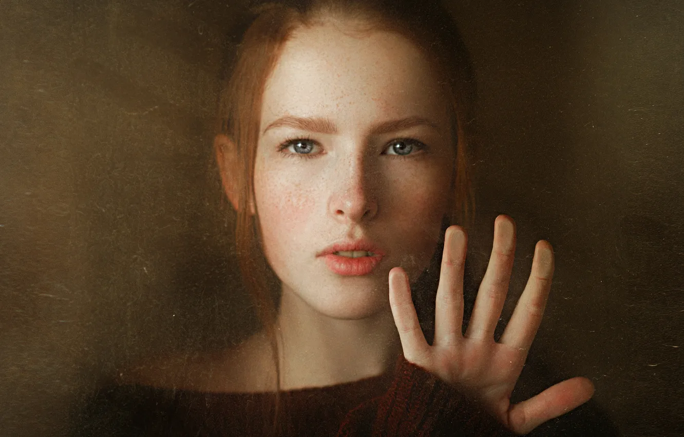 Photo wallpaper glass, girl, hair, freckles, beautiful, jacket, redhead, Katya Voronina