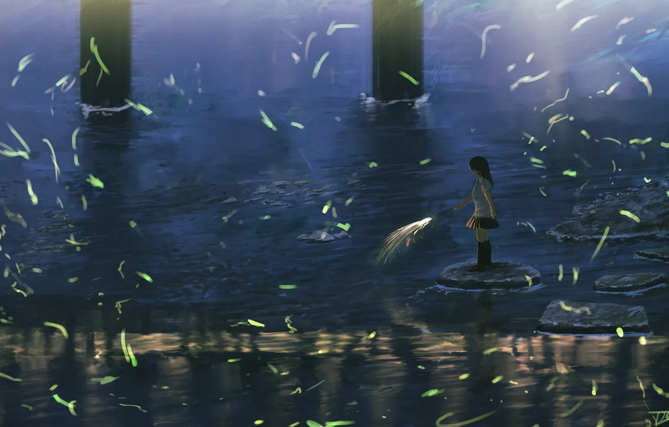 Photo wallpaper water, girl, fireworks