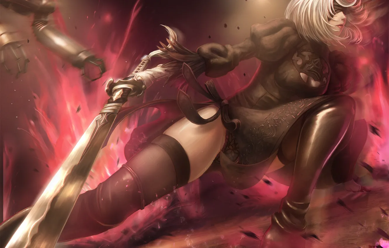 Photo wallpaper girl, pose, robot, sword, headband, battle