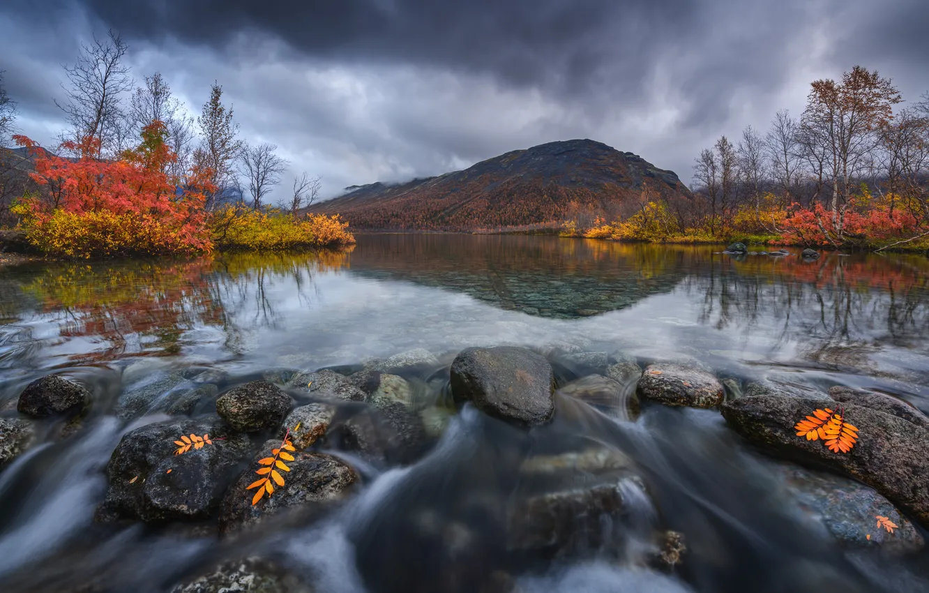 Photo wallpaper mountains, river, foliage, the reflection in the water, boulders, late autumn, the beauty of nature, …
