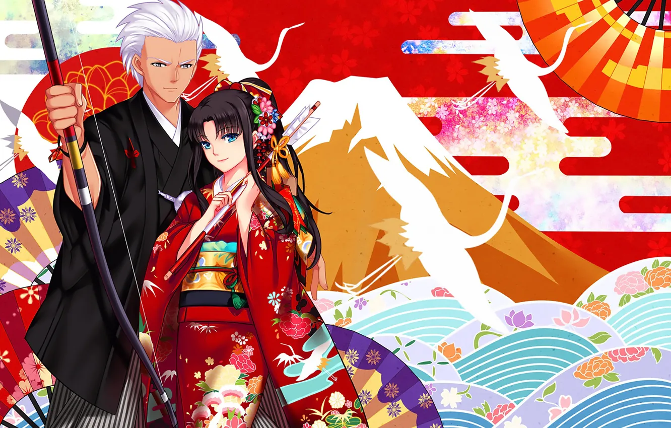 Photo wallpaper girl, anime, art, guy, two, Rin, Archer, Fate / Stay Night