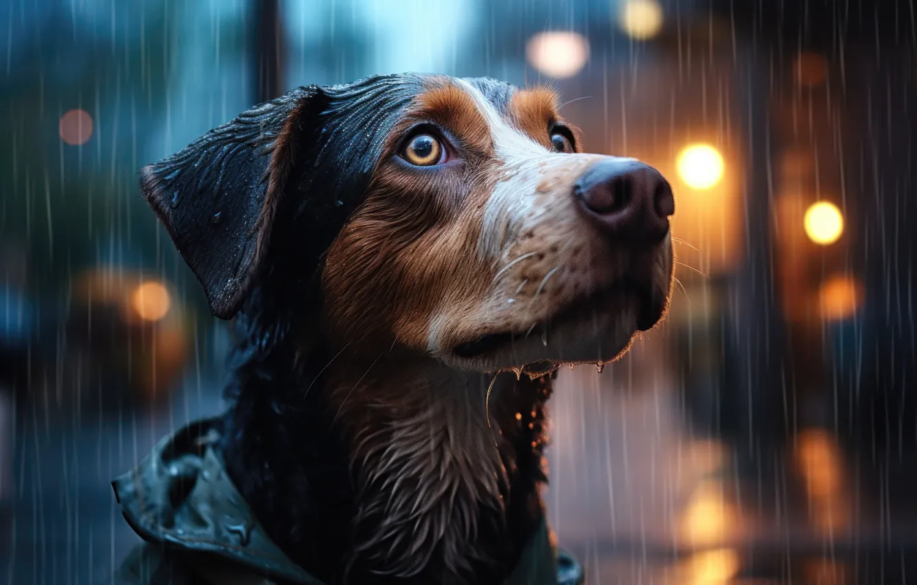 Photo wallpaper look, face, rain, portrait, dog, art, the shower, digital art