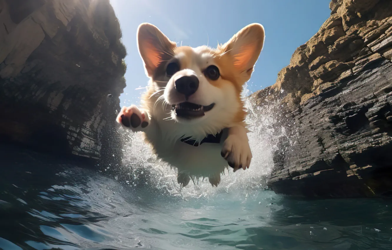 Photo wallpaper the sun, stones, rocks, jump, dog, face, pond, Corgi