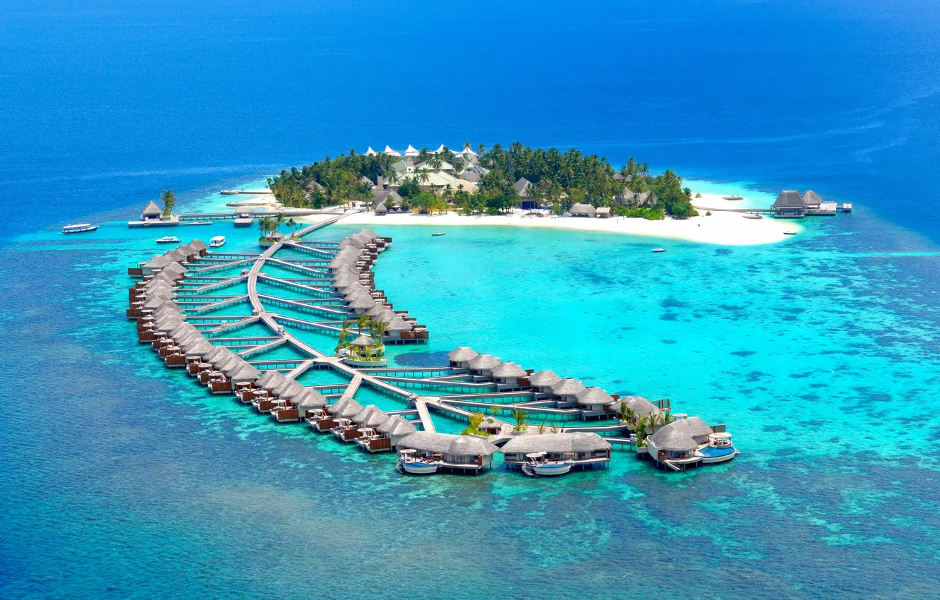 Photo wallpaper beach, island, pierce, The Maldives, resort, Bungalow, reef, Maldives