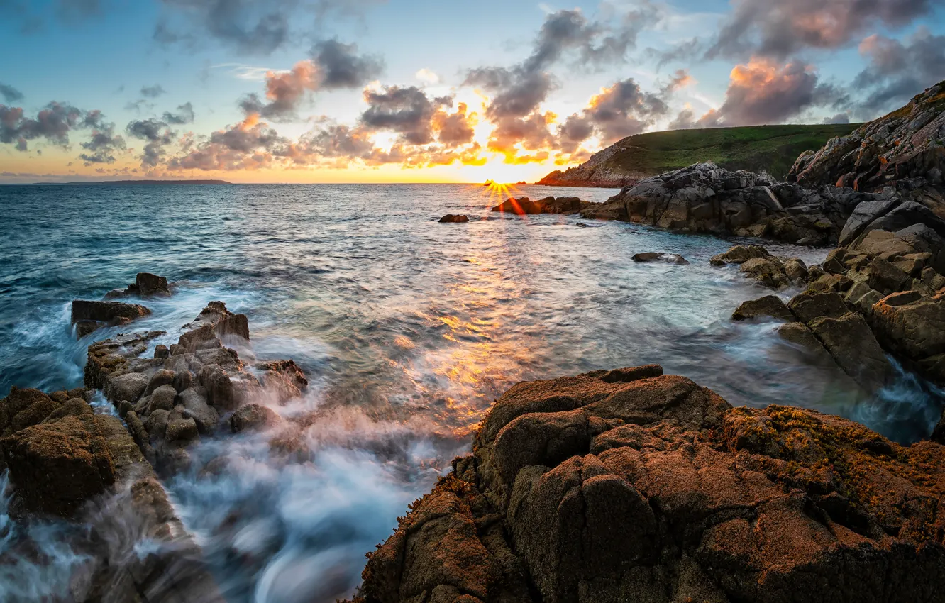 Photo wallpaper sea, the sun, sunset, stones, rocks, shore, rocky