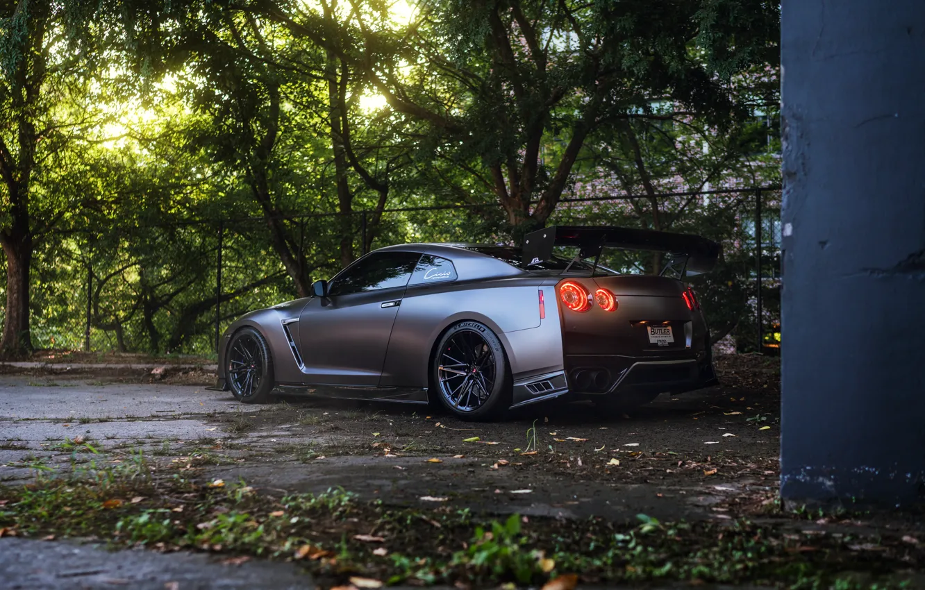 Photo wallpaper Nissan, Grey, R35, Building, Road, Nissan GTR, Trees, Rear