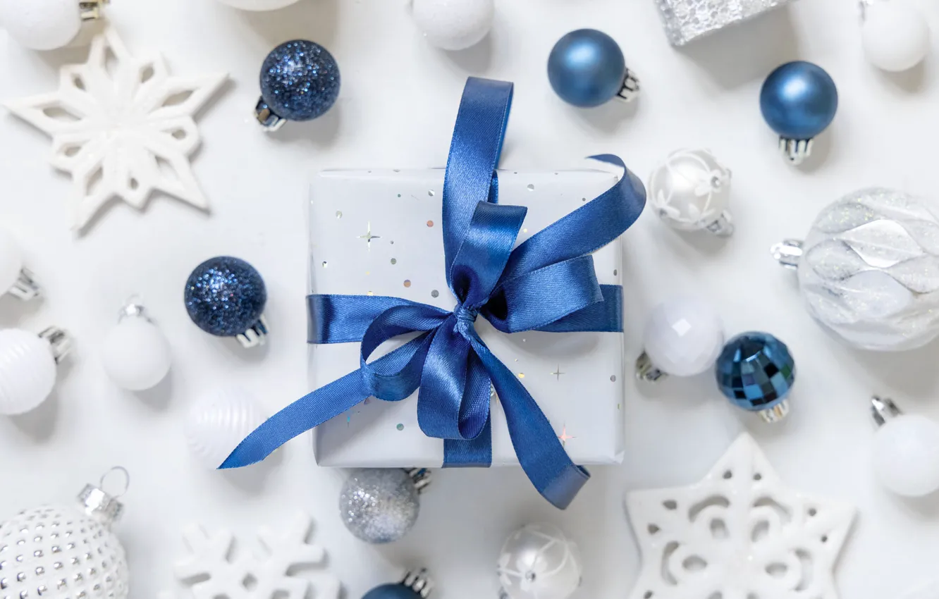 Photo wallpaper balls, decoration, snowflakes, blue, holiday, box, gift, Christmas