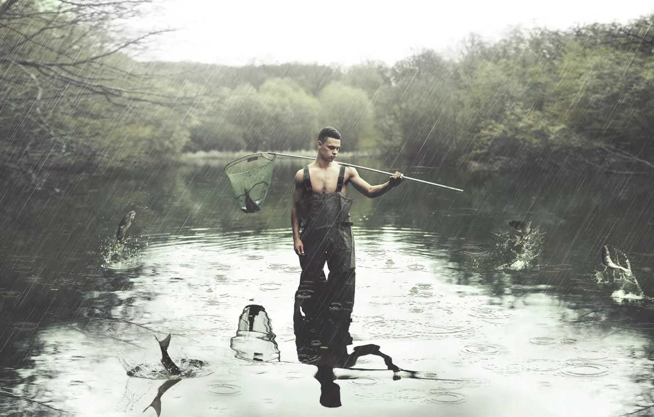 Photo wallpaper rain, fishing, guy
