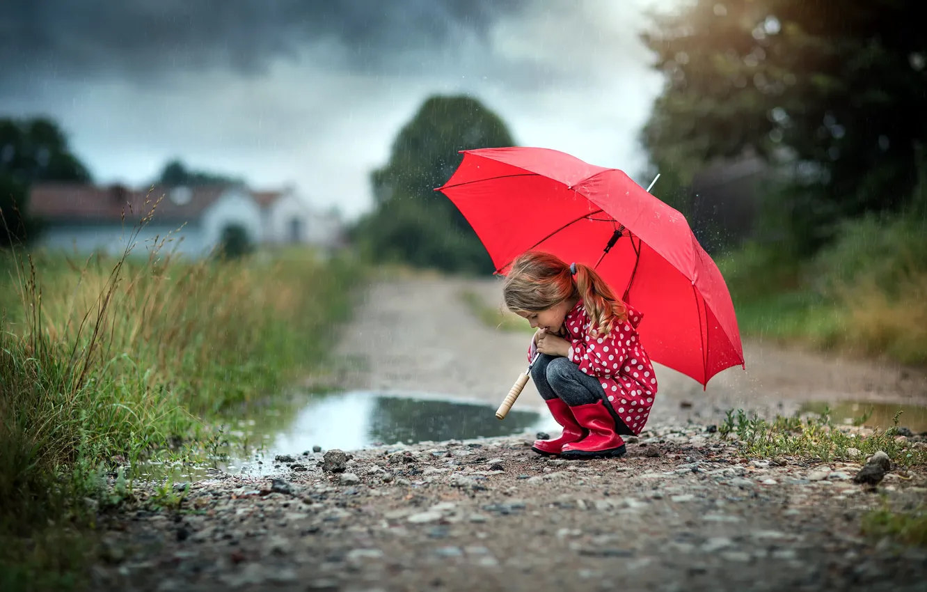 Photo wallpaper road, nature, children, rain, umbrella, puddle, girl, bad weather
