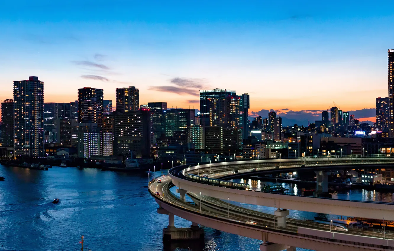 Photo wallpaper Home, The evening, Bridge, The city, Japan, Panorama, Bay, Tokyo