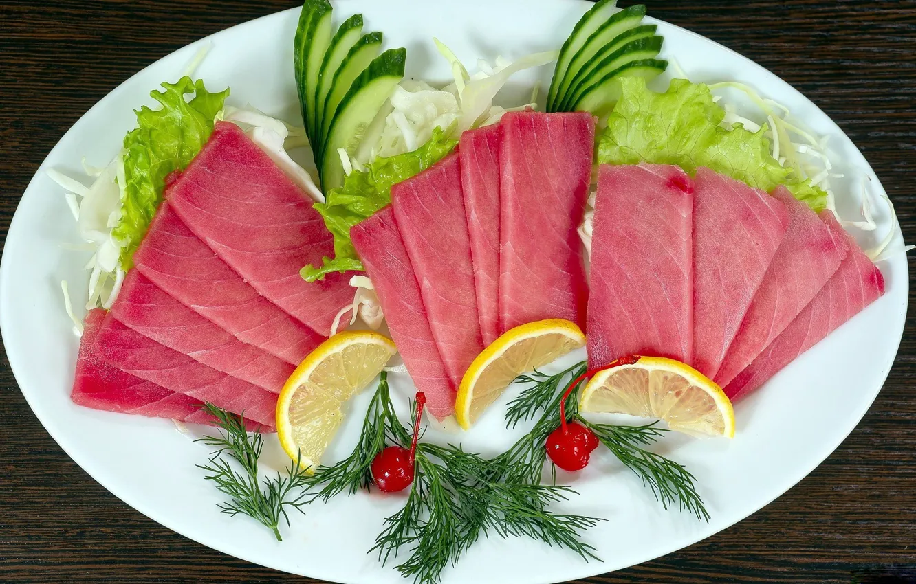 Photo wallpaper greens, lemon, fish, salad