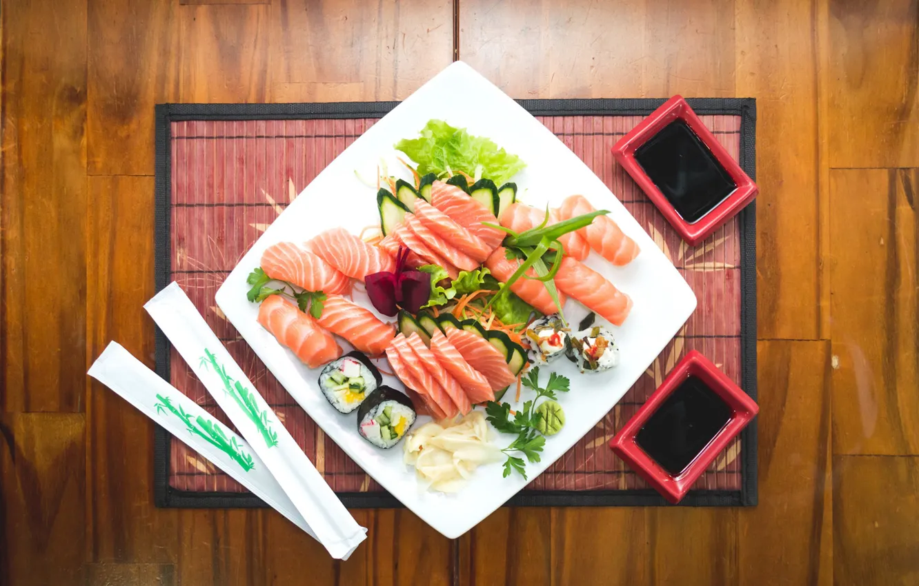 Photo wallpaper food, sushi, chopsticks, Sake