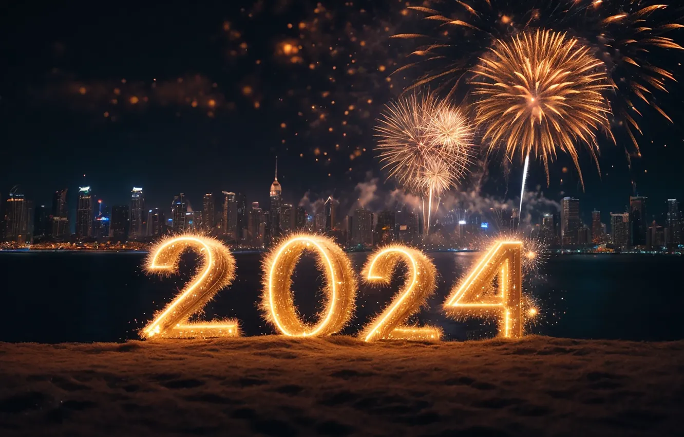 Photo wallpaper new year, salute, figures, golden, New Year, numbers, 2024, fieworks